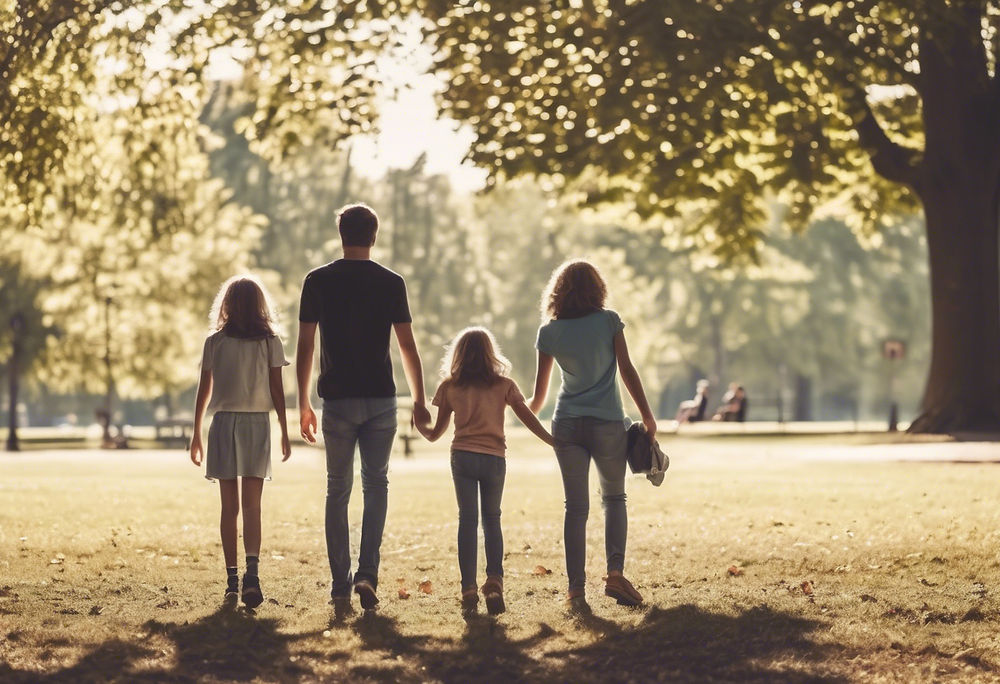 Family walking in a park holding hands at sunset 