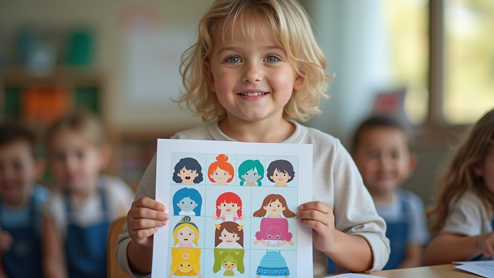 Close-up of a child holding a colorful emotion chart during a classroom activity