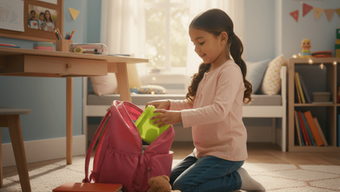 niña preparando su mochila para la escuela