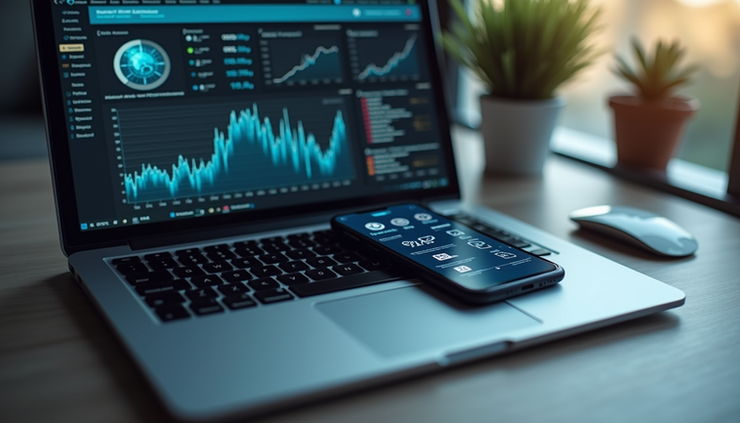 High angle view of a workspace with a laptop showing AI analytics and a phone with Talkaussie app
