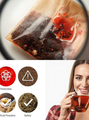 showing tea bag under magnifying glass at top revealing hidden dangers, four circular warning badges in middle showing microplastics, pesticides, chlorine bleach and artificial additives, and bottom showing organic loose leaf tea in jar and woman drinking from clear mug with safer alternatives checklist, titled what's actually in your tea bag