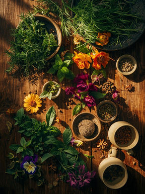 large spread of herbs flowers and spices