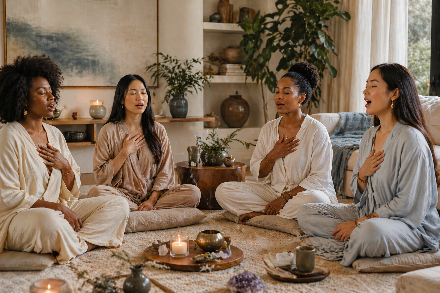 Group of women sitting together in a calm space, chanting and focusing during a guided breath and sound session
