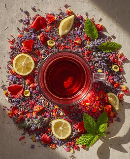 Flat lay of loose herbal tea with hibiscus petals, lavender buds, lemon peel, and mint lea