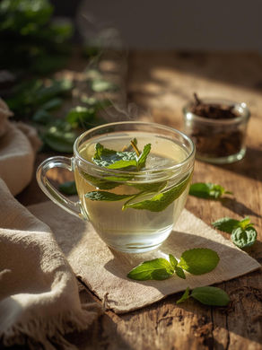 lifestyle image featuring a clear glass teacup filled with steaming hot water. Inside the cup, show whole peppermint leaves and lemon balm leaves visibly floating, releasing gentle wisps of steam.