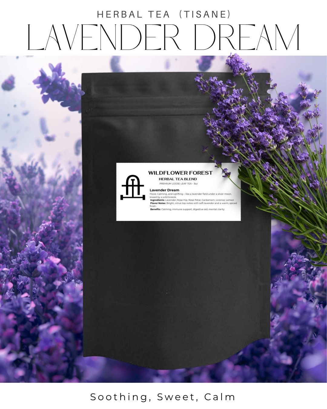 Lavender Dream herbal tea loose leaf blend with lavender flowers and citrus botanicals