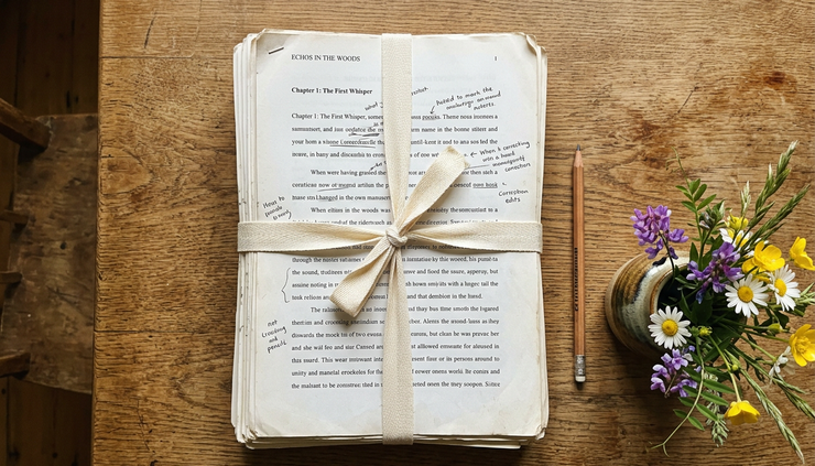 Overhead view of a thick stack of printed pages tied with cotton ribbon