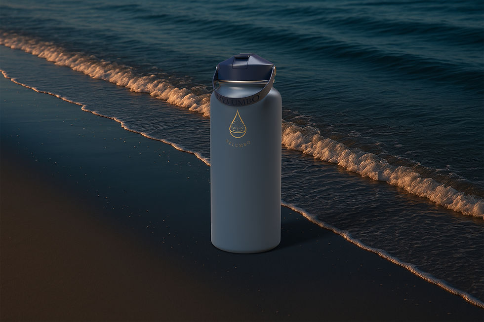 Blue water bottle on the beach with logo, ocean in background. My Site 2