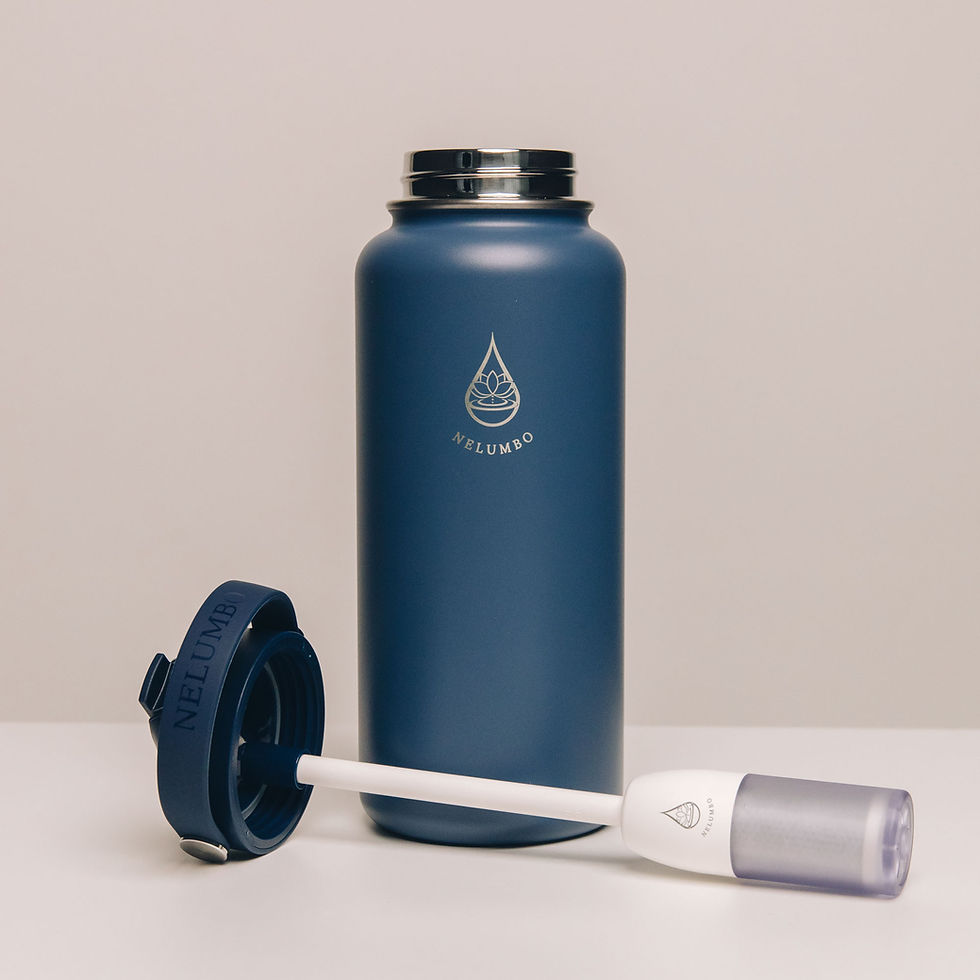 Blue water bottle with lid and straw, the logo of My Site 2.