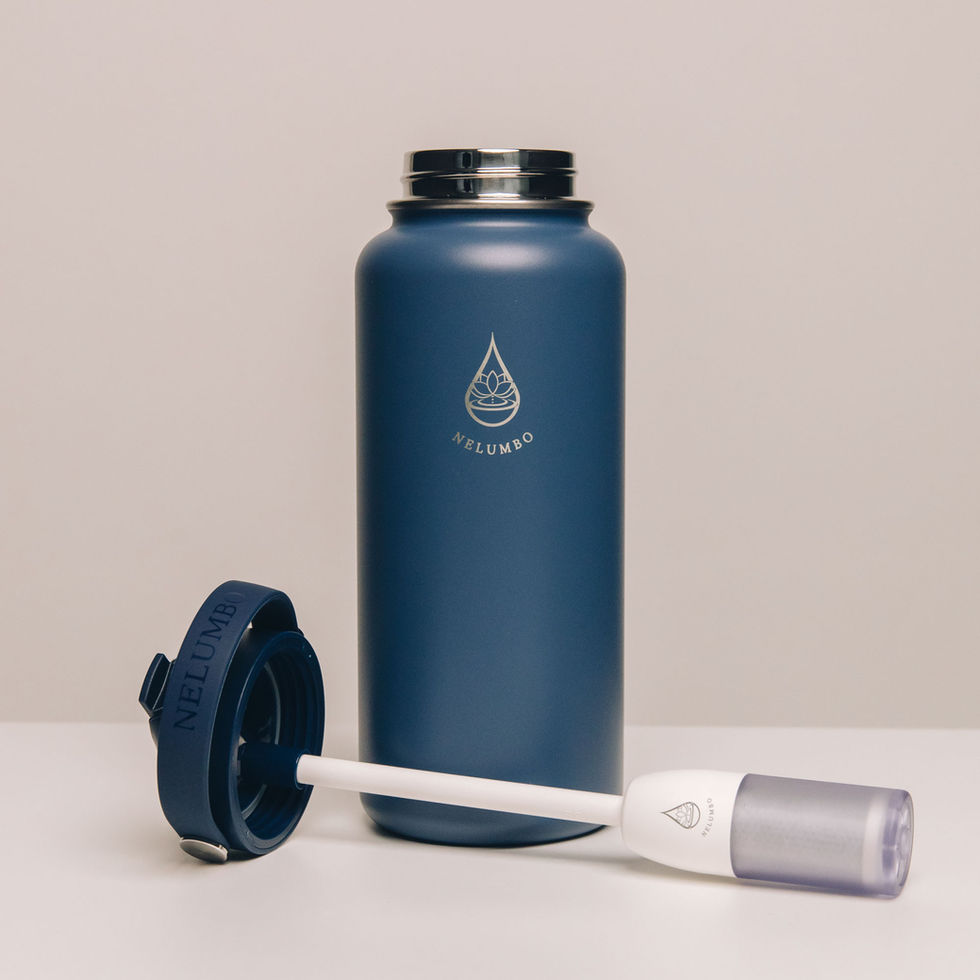 Blue water bottle with lid and straw, the logo of My Site 2.