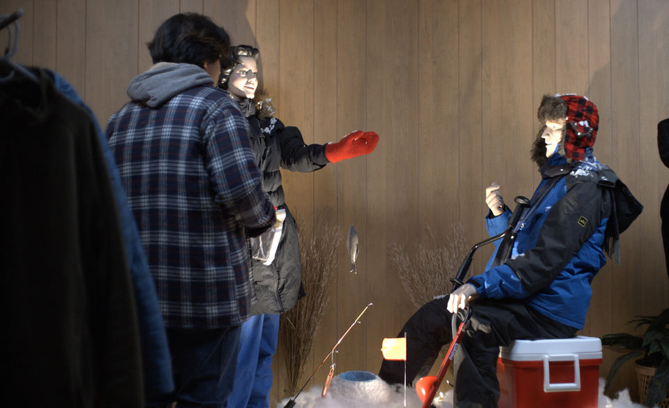 Ice fishing display, mannequins, February short film, Mexican immigrant