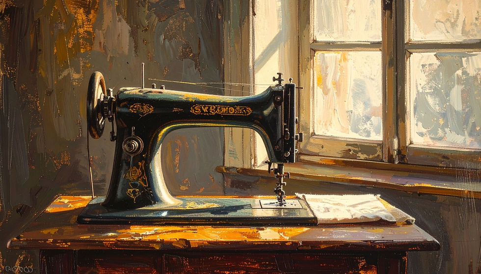 Impressionist painting of a vintage 1850s Singer sewing machine, symbolizing the origins of installment retail and the history of rent-to-own in America. The artwork highlights early consumer access models that made essential household goods affordable through flexible payment plans.