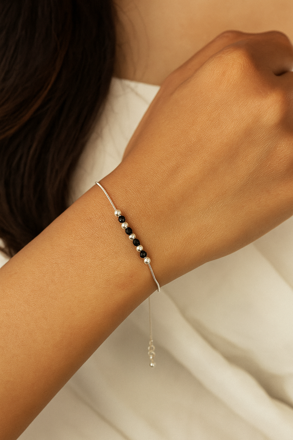 Thumbnail: 925 sterling silver bracelet with black and white beads for women - Tanyam jewellers