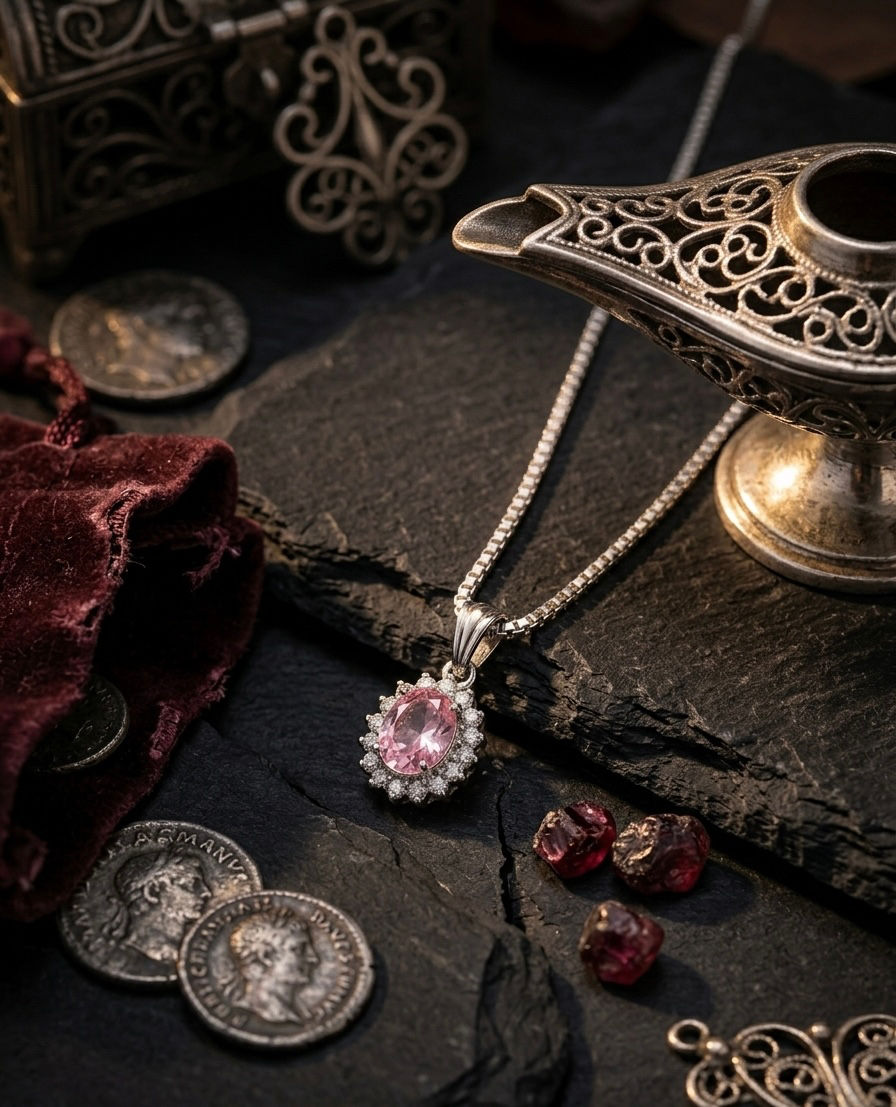 Elegant Pink Oval Stone Pendant with Sparkling Halo and Silver Box Chain by Tanyam Jewellers