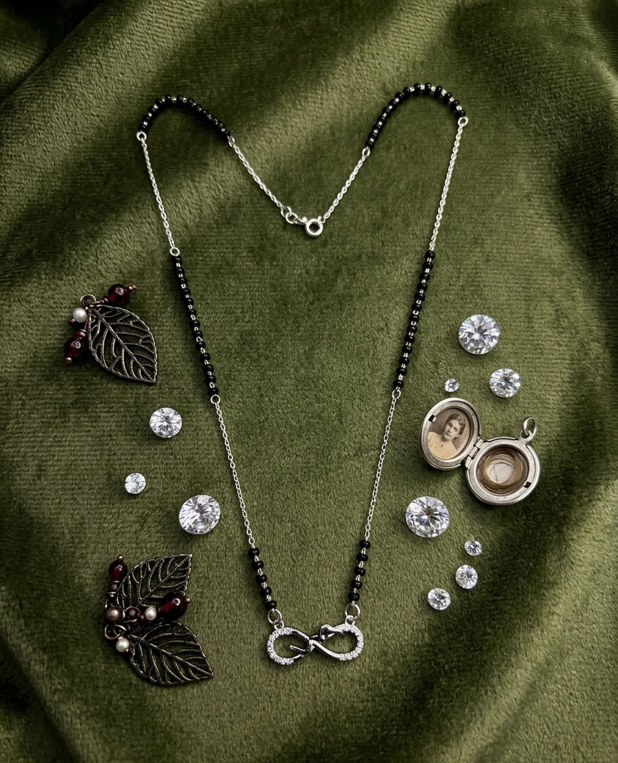Thumbnail: Modern Infinity Heart Silver Mangalsutra with Black Beads and White Stones by Tanyam Jewellers