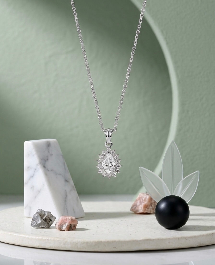 Royal Pear-Cut Solitaire Teardrop Pendant with Sparkling Halo and Silver Chain by Tanyam Jewellers