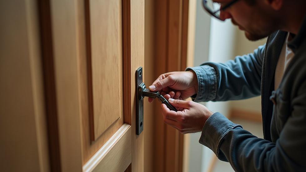 High angle view of a handyman repairing a wooden door hinge