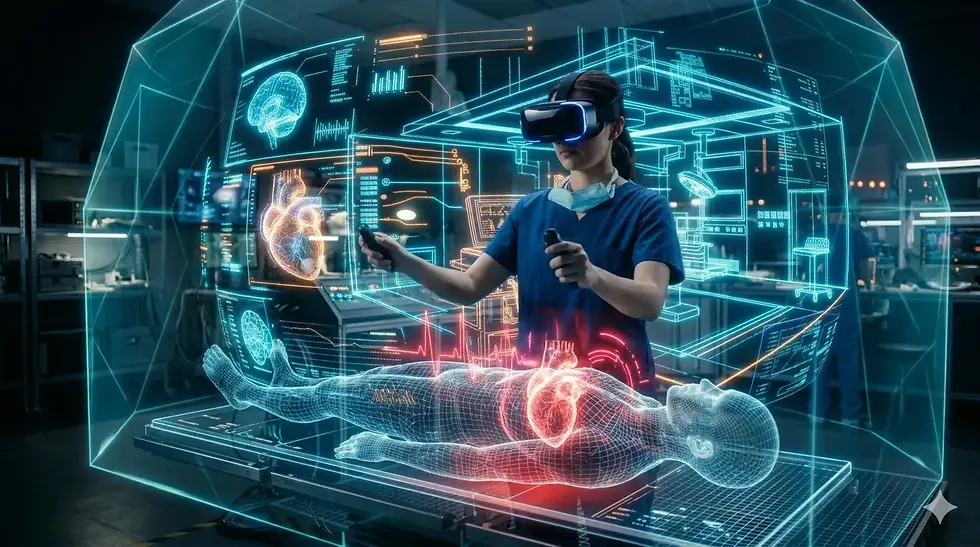 Simulasi penanganan kondisi darurat pasien secara aman melalui sistem pelatihan medis virtual reality untuk mencegah risiko malpraktik.
