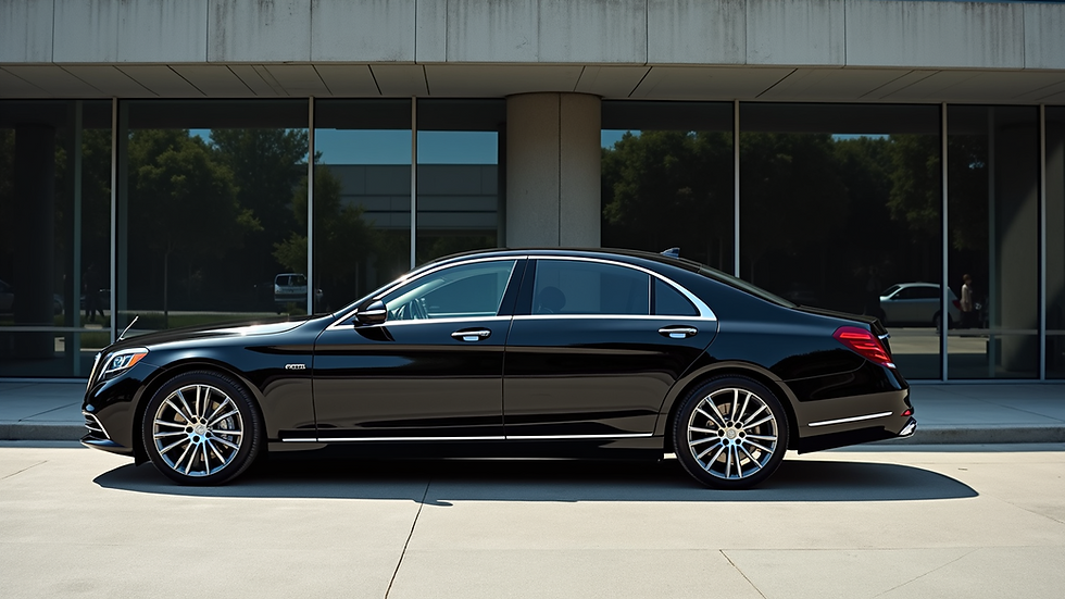 Eye-level view of a sleek black luxury sedan parked outside a modern building