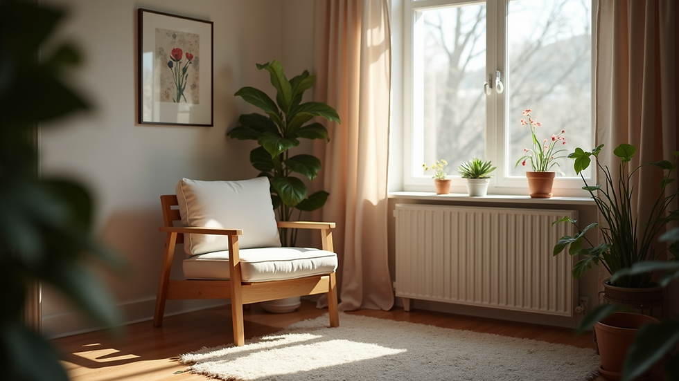 Eye-level view of a cozy living room with soft lighting and a comfortable armchair near a window