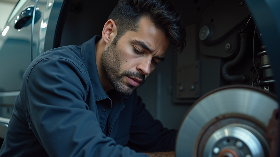 Eye-level view of a technician working on car brakes