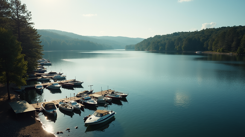 High angle view of Lake Lanier’s calm waters with boats docked near the shore
