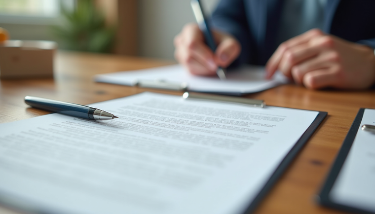 Close-up view of a contract and pen on a wooden table during a real estate transaction