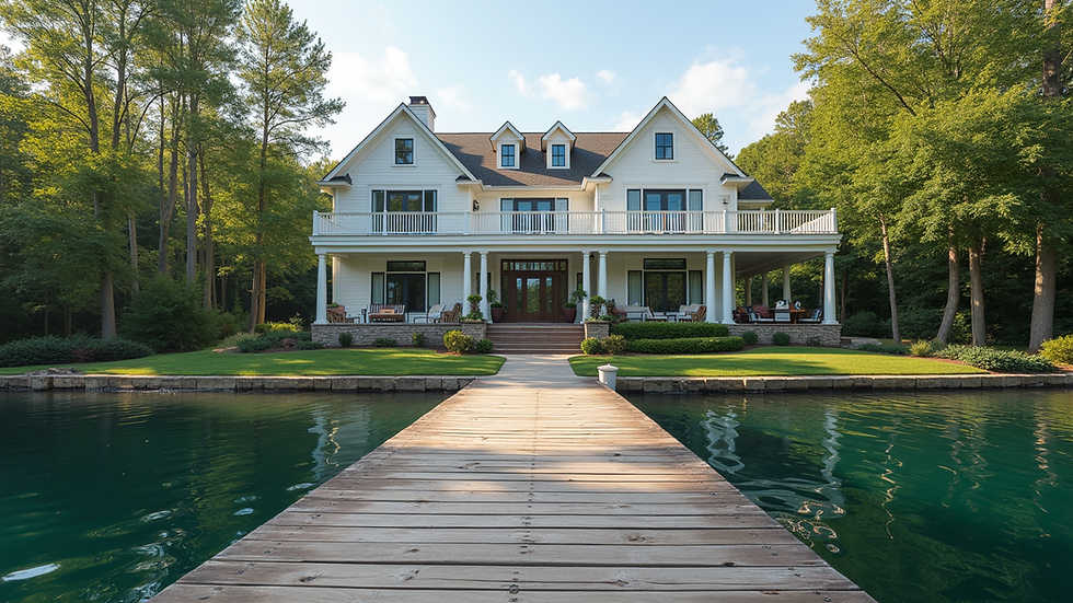 Eye-level view of a charming lakefront home with a dock at Lake Lanier