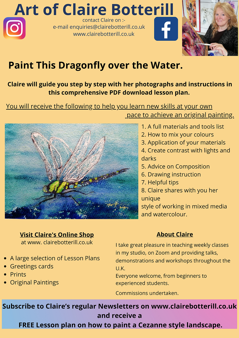 Thumbnail: Cover page of art lesson plan on how to paint this Dragonfly over Water by Claire Botterill