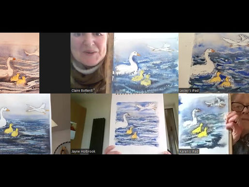 art on Zoom A family of Geese in water colour and mixed media.
