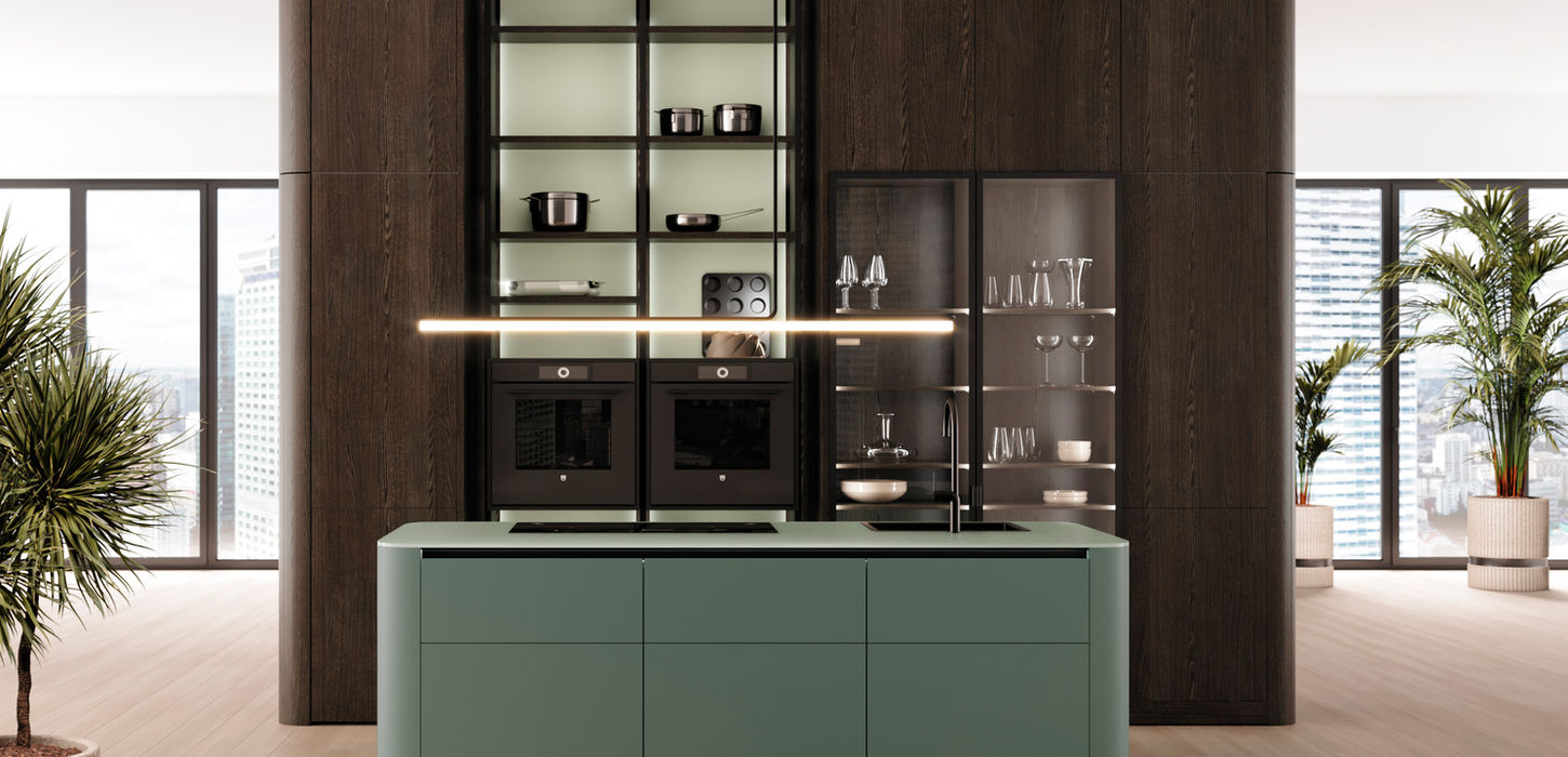 Curved kitchen design with smooth flowing cabinetry

