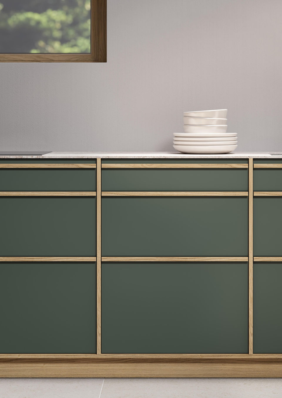 Functional modern Japandi kitchen with hidden storage solutions.
