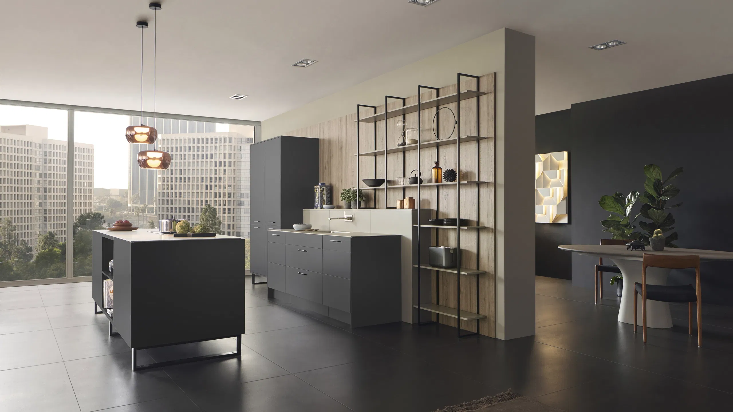 Bright minimalist kitchen featuring open shelving for organized storage.