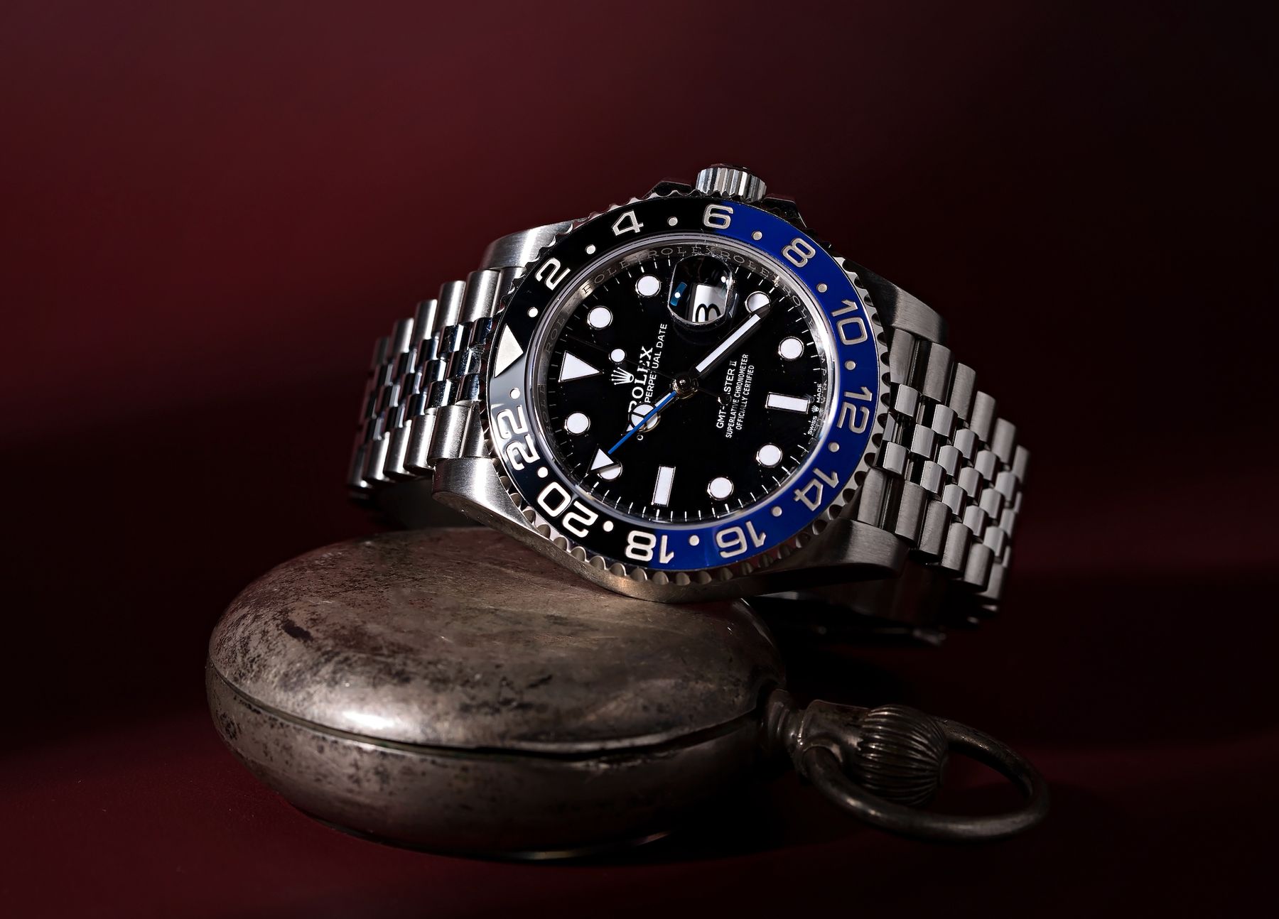 Rolex GMT-Master II Ref. 116710BLNR “Batman” featuring a black and blue Cerachrom bezel and signature dual-time Rolex GMT-Master design.