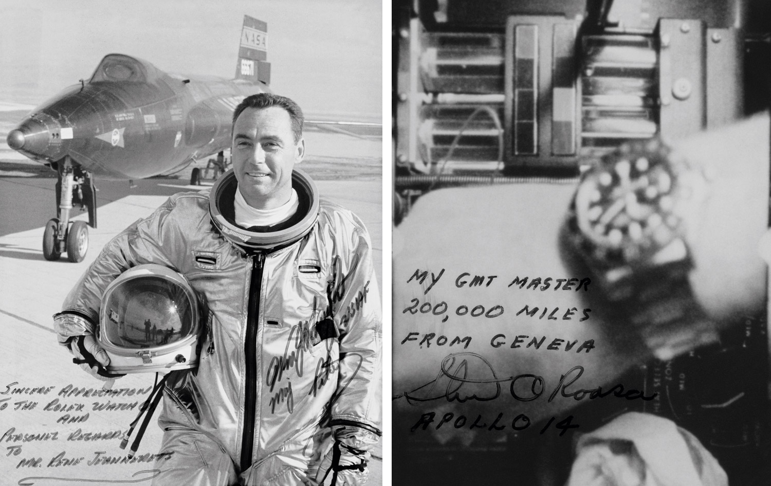 From left: pilot William J. Knight wearing a Rolex GMT-Master during the X-15 rocket program, and a GMT-Master photographed aboard NASA’s Apollo 14 mission by astronaut Stuart A. Roosa.