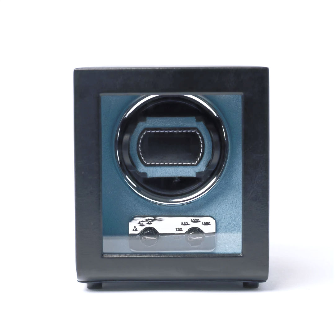 Front view of W-Winder I automatic watch winder by Wclocks, featuring ultra-quiet motor, glass cover, and adjustable rotation