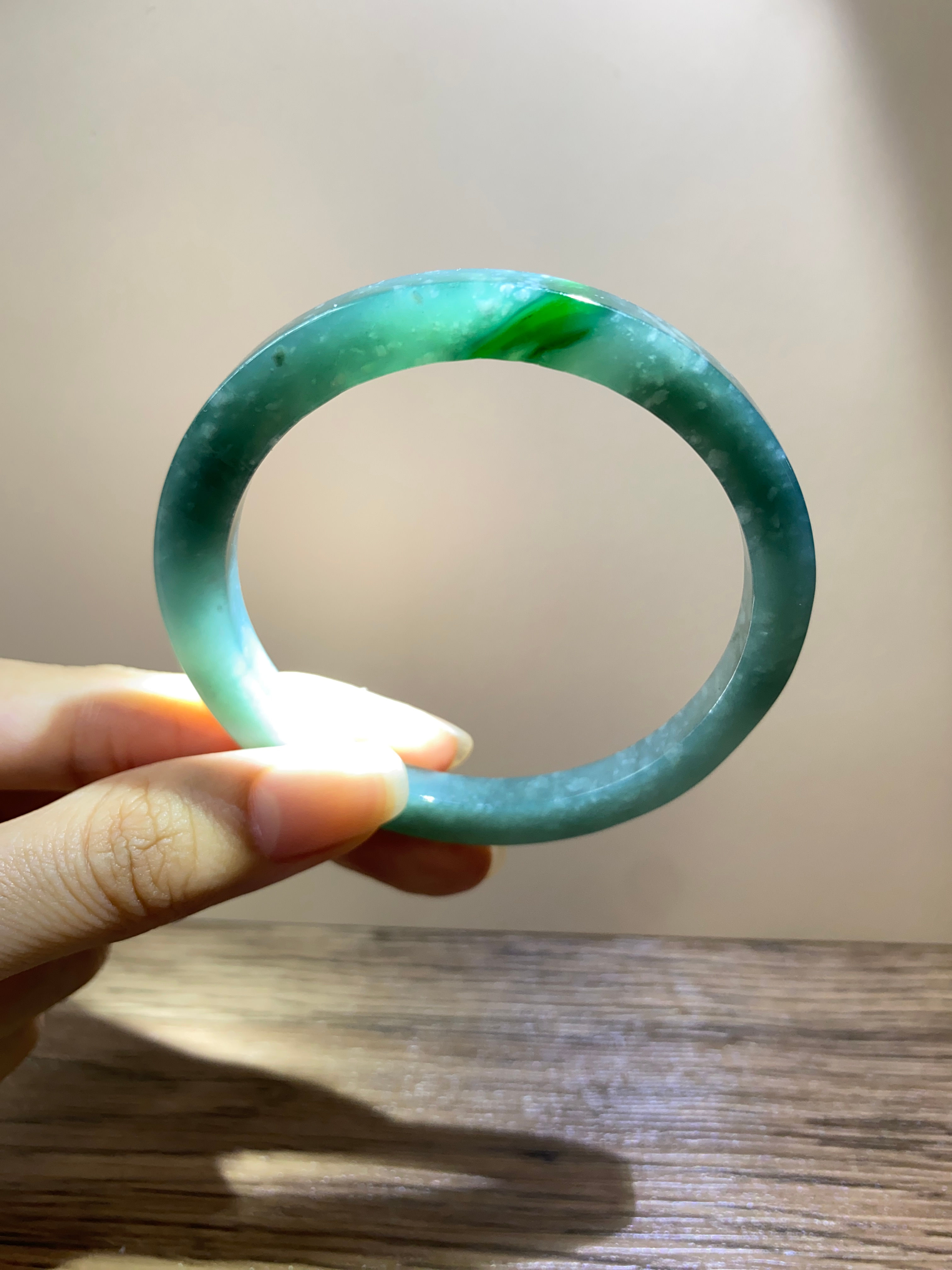 Teal Blue with Deep Green Floating Flower Jadeite Square Bangle