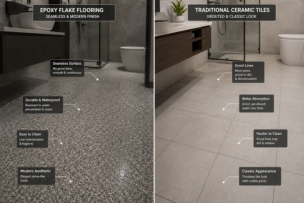 Epoxy flooring vs traditional tiles waterproofing comparison for bathroom floors.