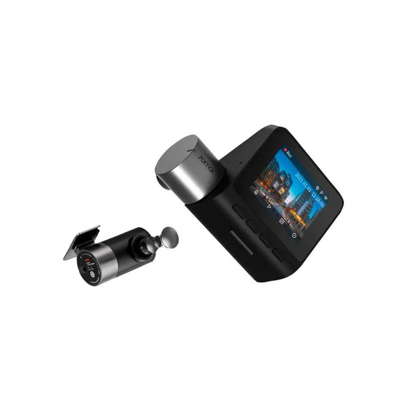 Close-up of Xiaomi dashcam Pro Plus+ on car windshield with city skyline behind