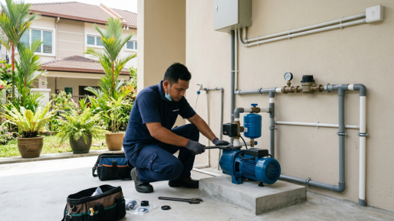 Self priming water pump installed beside a water source for easy startup use.