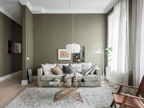 Living room with a classy olive green wall