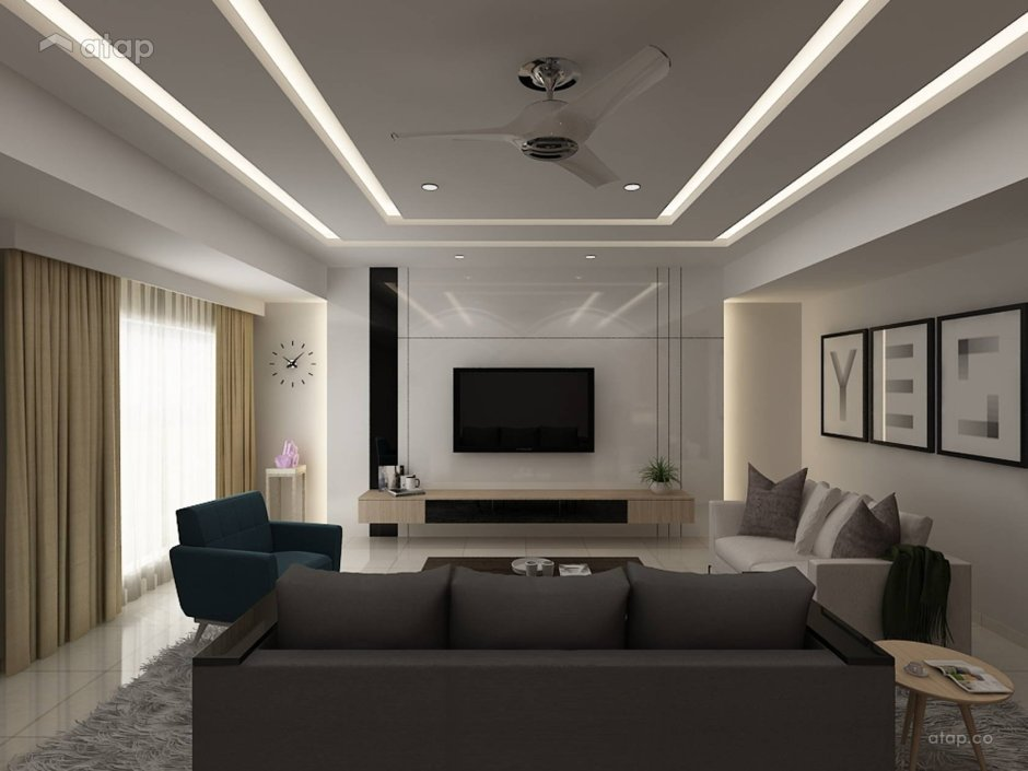 Living room plaster ceiling design with recessed lights in Johor Bahru terrace