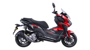 A sleek red and black WMoto is displayed against a white background, highlighting its modern look and sporty curves.