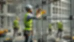 Construction workers in safety gear install scaffolding on a building site. The scene is busy, with high-rise structures in the background.