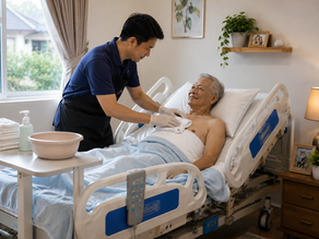 A hospital bed supplier showing manual and electric models to a customer.
