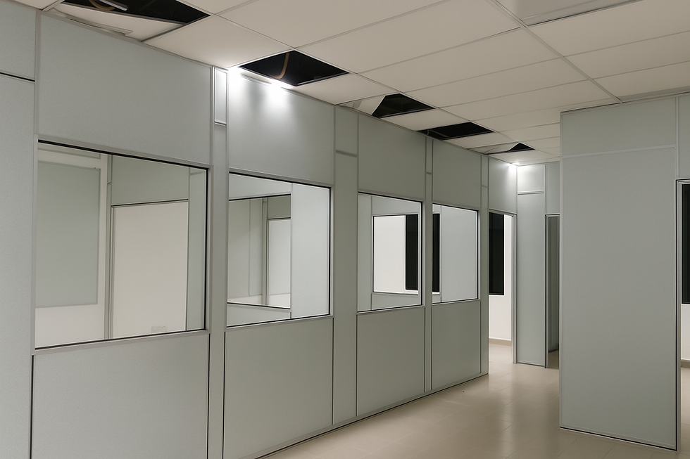 Empty office hallway with gray partitions and ceiling tiles, some missing. Bright lighting, beige tiled floor, and reflective windows.