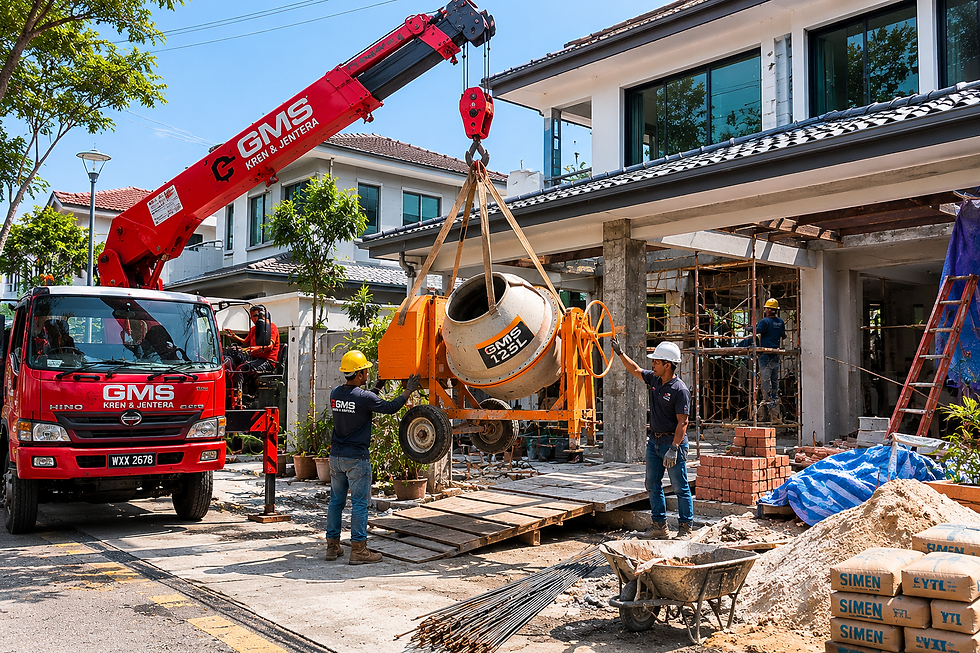 Crane truck and construction equipment arriving at busy worksite
