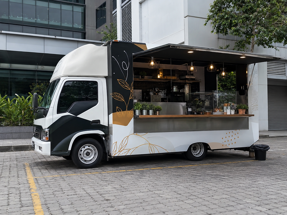 Food truck di Urban Street Dining berbaris semasa waktu puncak makan malam.
