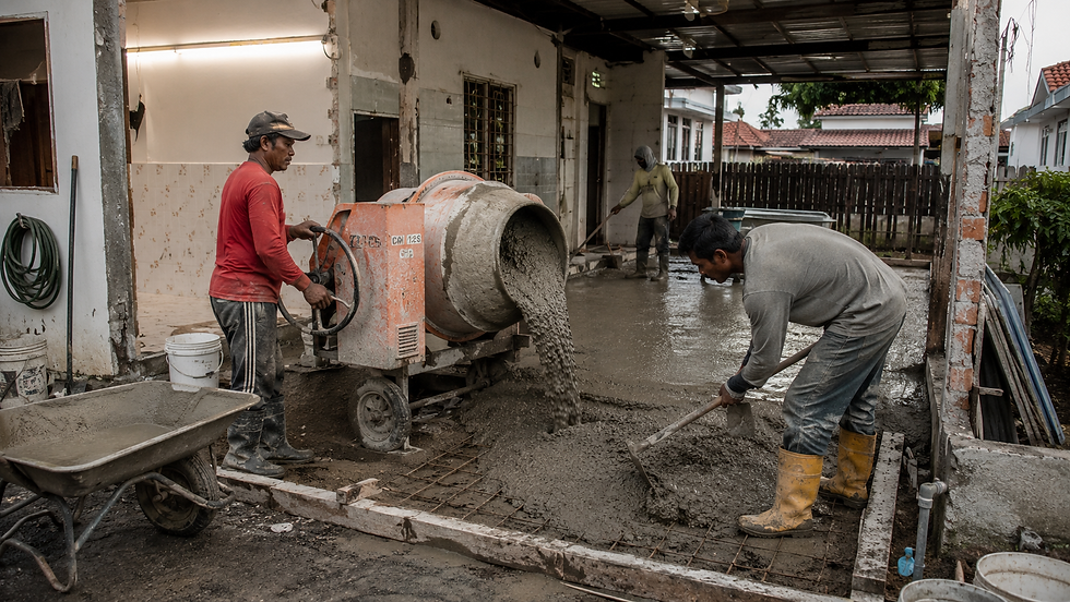 Contractor unloading cement mixer machine at house renovation site