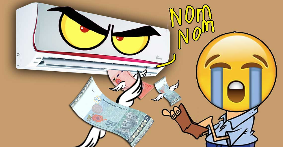Angry air conditioner "Nom Nom" eats winged banknotes, while a crying emoji holds an empty wallet against a brown background.